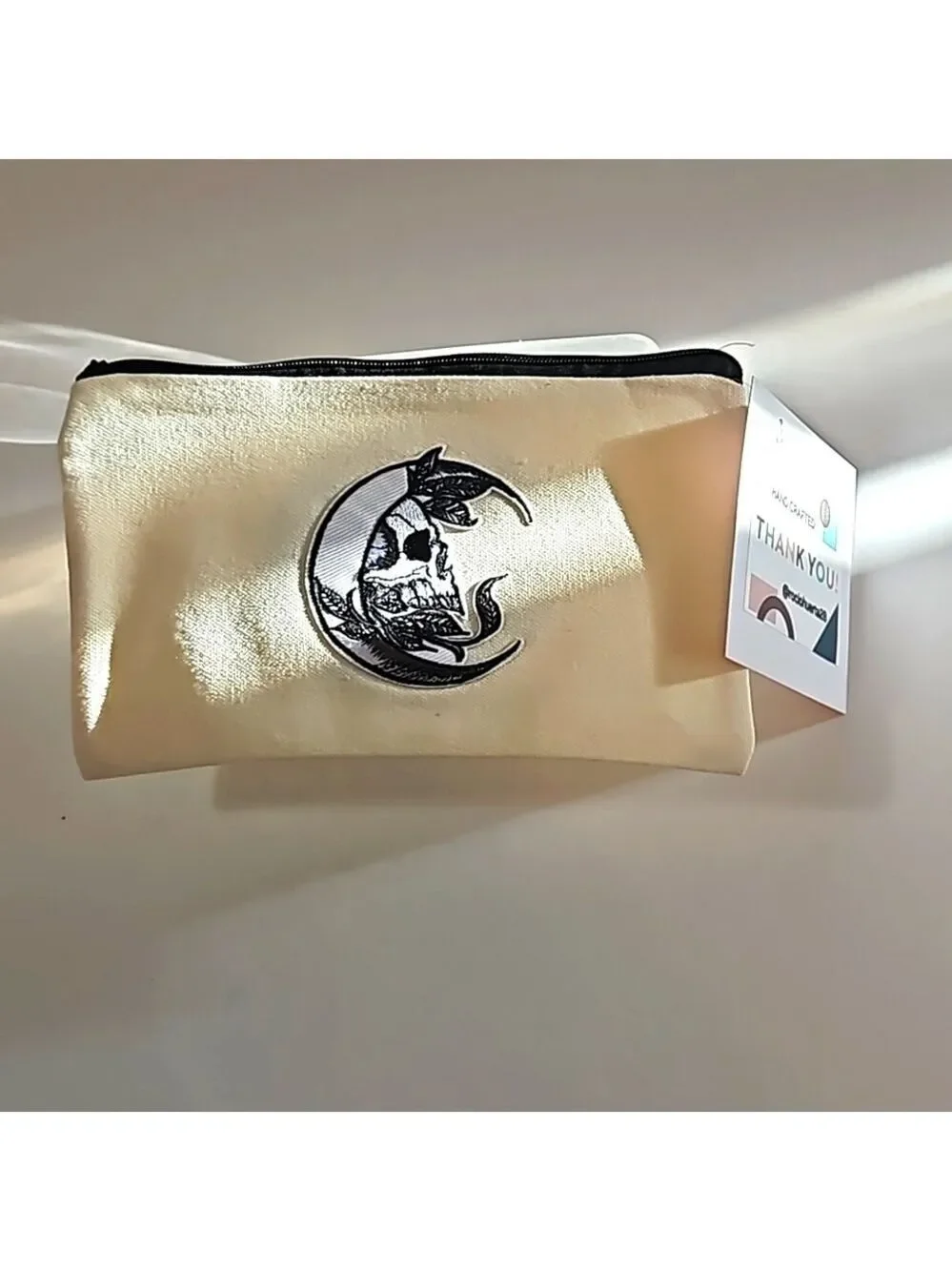 Hand Crafted Multi-use Bag Beige Zipper Pencil Case Skull Motif Iron-on Patch